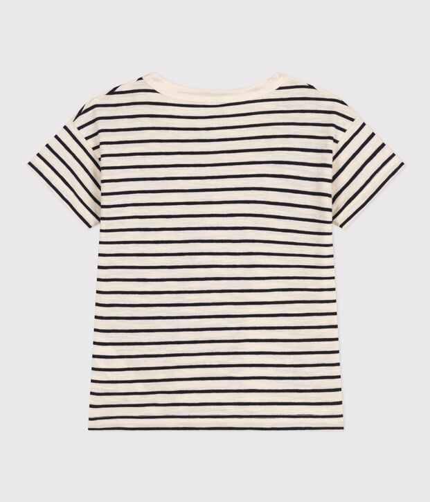 Gestreept T-shirt van gevlamde jersey voor jongens ecru/blauw