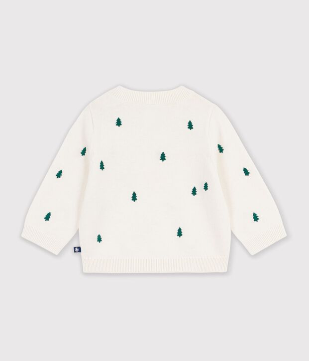 Pull b&eacute;b&eacute; en laine et coton et sapins brod&eacute;es &eacute;cru/vert