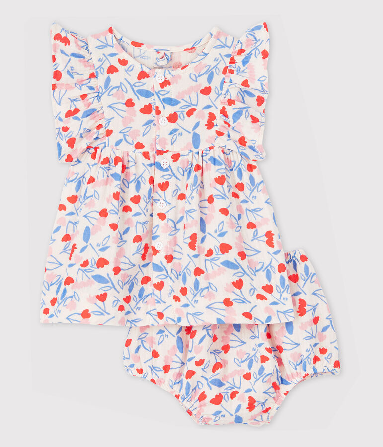 Mouwloze bloemenjurk met bloomers voor babymeisjes van biologisch katoenen luierstof roze/multicouleur