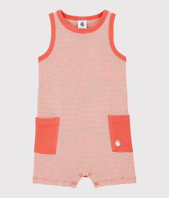 Korte gestreepte geribde jumpsuit voor babyjongens oranje OURSIN/wit MARSHMALLOW