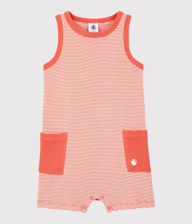 Korte gestreepte geribde jumpsuit voor babyjongens oranje/wit