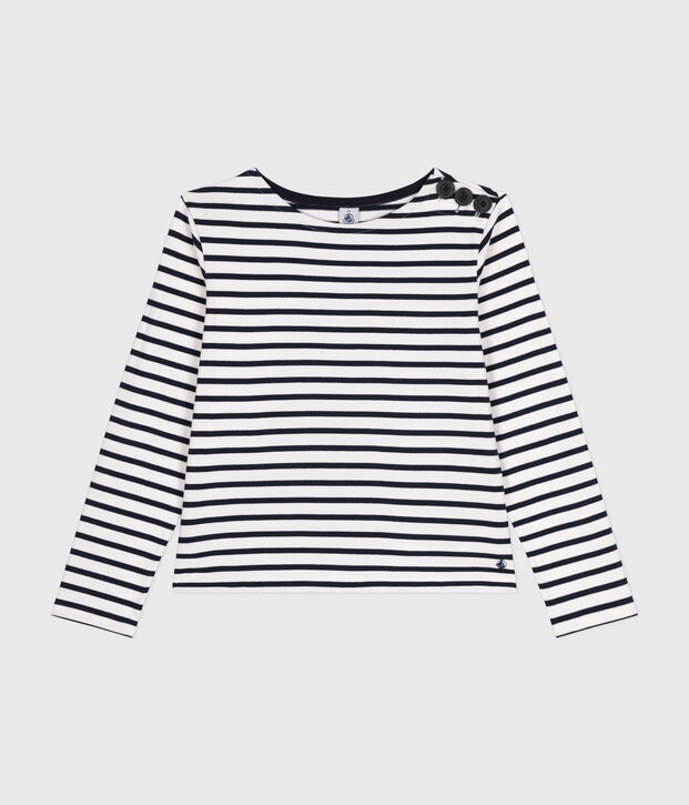 Katoenen marinetruitje met knoopsluiting voor dames wit/blauw