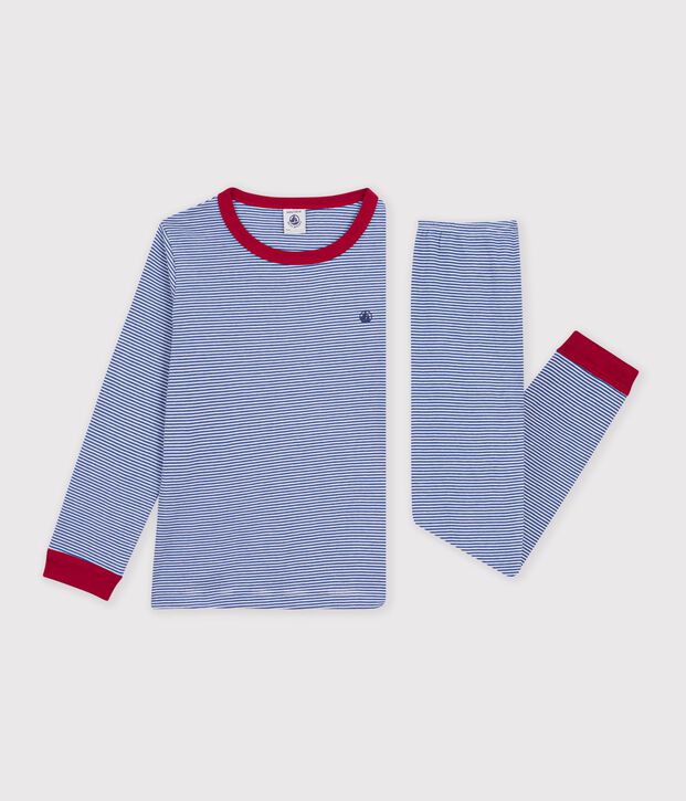 Pyjama enfant en coton &agrave; rayures bleu/blanc
