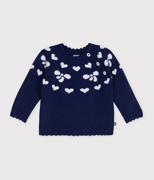 Pull b&eacute;b&eacute; en laine et coton &agrave; motifs n&oelig;uds bleu/&eacute;cru