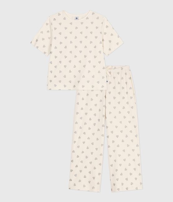 Pyjama femme en coton manches courtes jambes larges imprimé cœurs écru MILK/ ARGENT