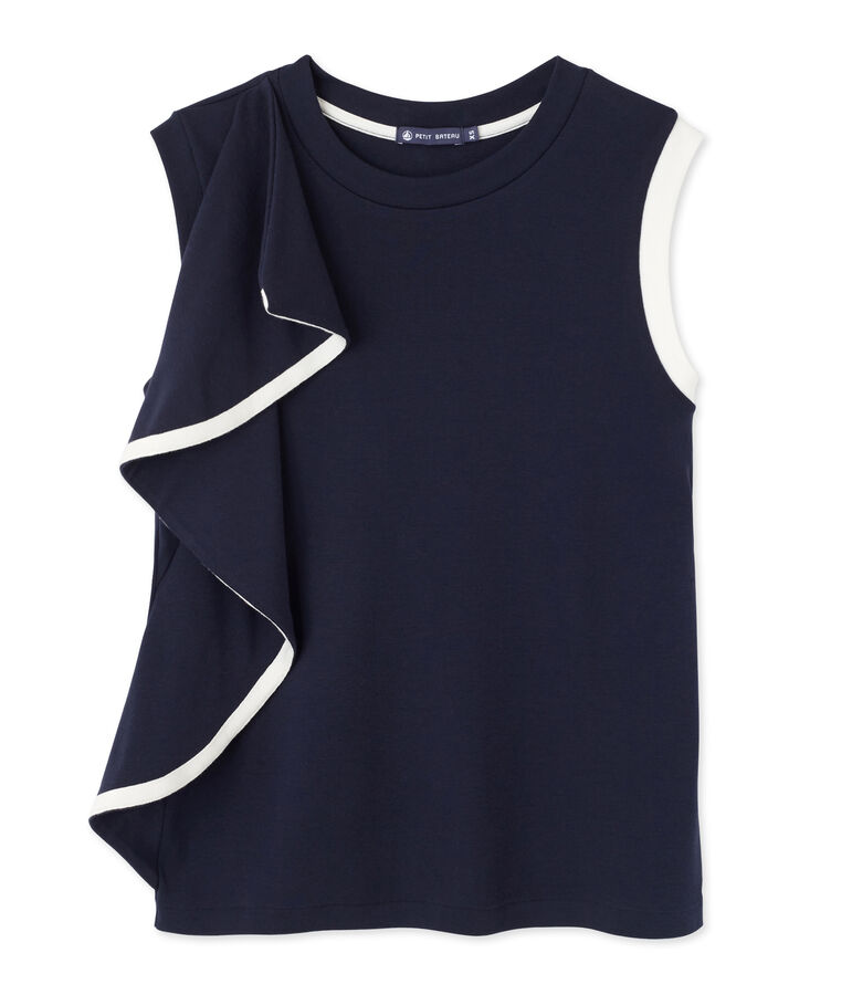 Top femme sans manches &agrave; volant blauw