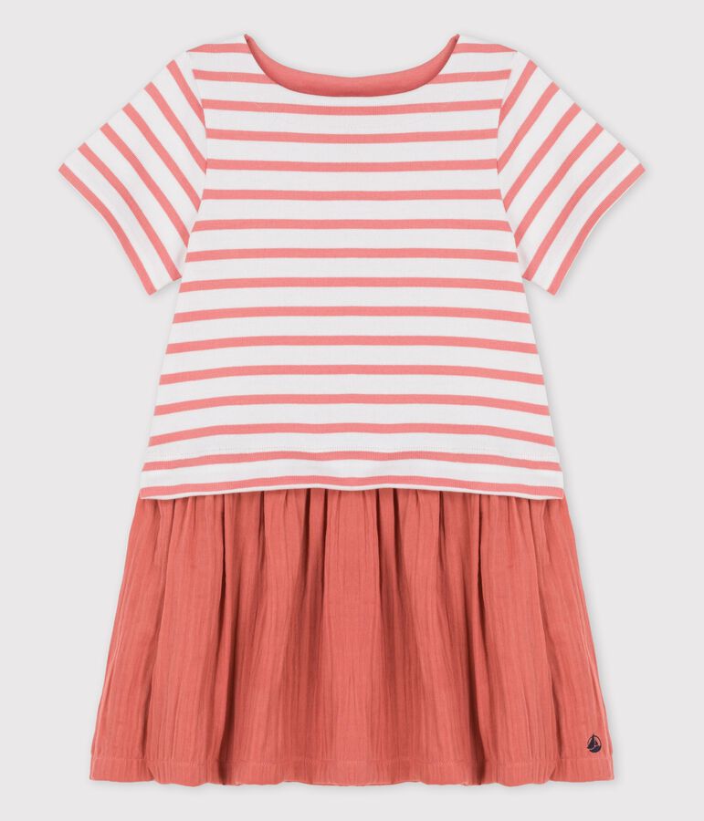 Jurk in biokatoenen gaas en jersey voor meisjes wit/roze