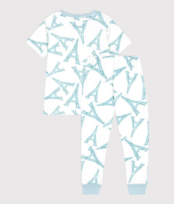 Pyjama enfant en coton manches courtes jambes longues Tour Eiffel blanc MARSHMALLOW/blanc MULTICO