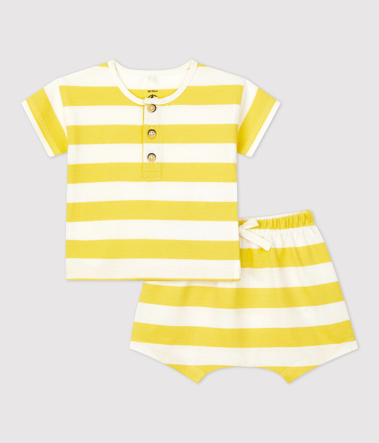 Ensemble 2 pi&egrave;ces ray&eacute; en jersey b&eacute;b&eacute; jaune/blanc
