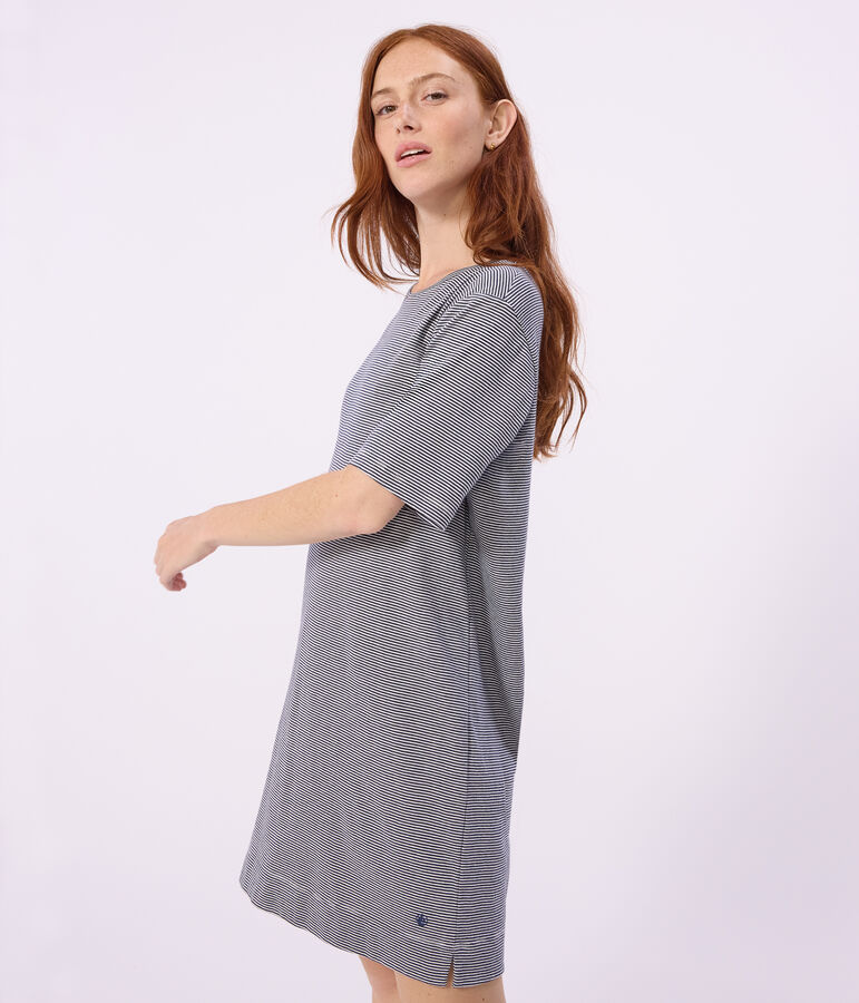 Chemise de nuit femme en coton manches courtes &agrave; rayures bleu SMOKING/blanc MARSHMALLOW