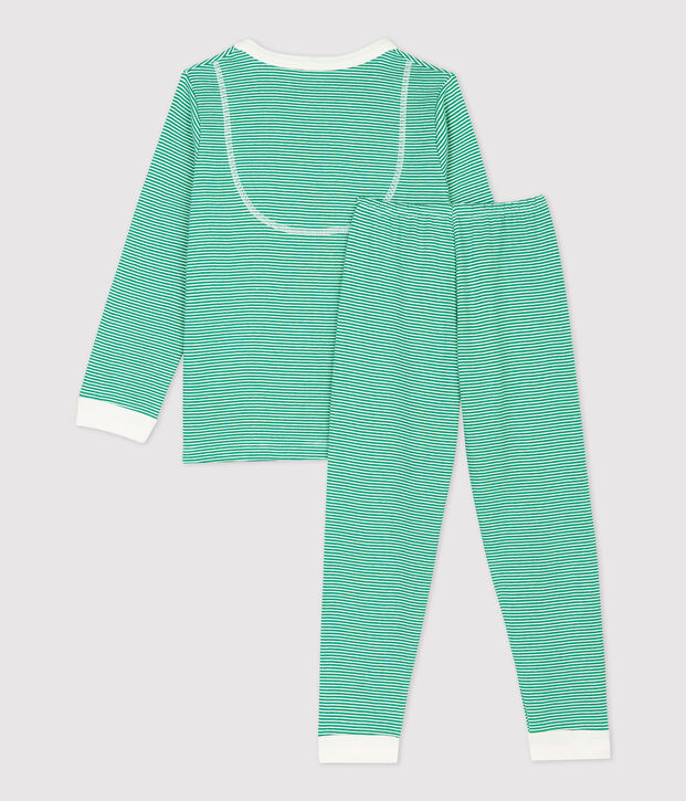 Jongens/meisjes pyjama met groene milleraies-strepen van biologisch katoen groen/wit