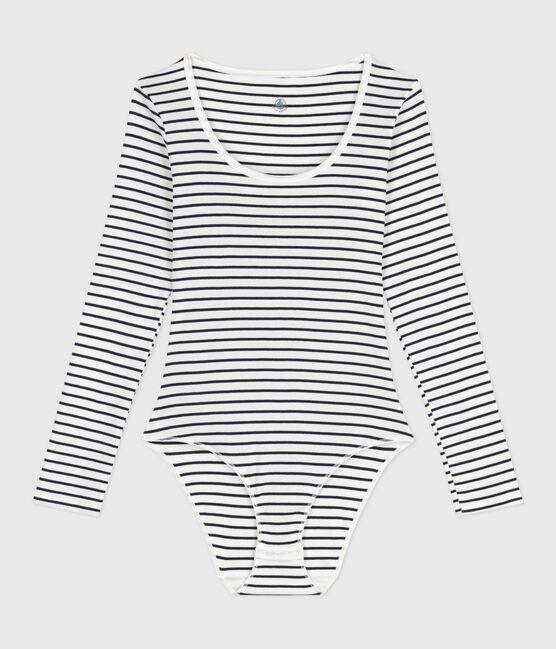 Gestreepte damesbody van katoen en elastaan wit MARSHMALLOW/blauw SMOKING