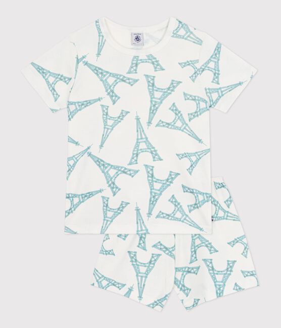 Korte katoenen kinderpyjama met Eiffeltorenprint wit MARSHMALLOW/wit MULTICO