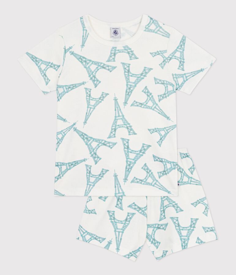 Korte katoenen kinderpyjama met Eiffeltorenprint wit/multicouleur
