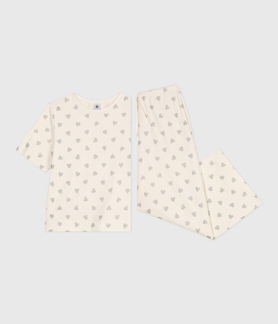 Pyjama femme en coton manches courtes jambes larges imprimé cœurs écru MILK/ ARGENT