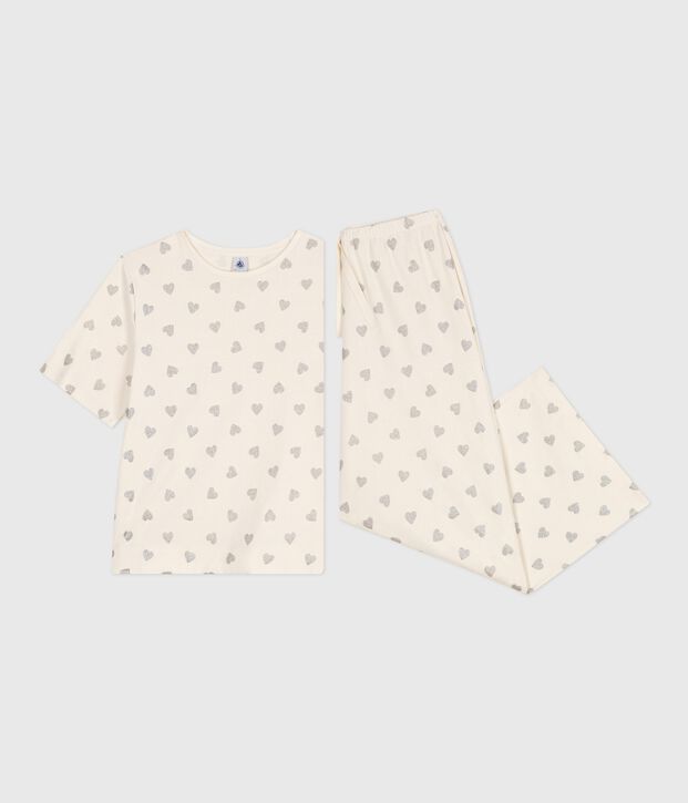 Pyjama femme en coton manches courtes jambes larges imprim&eacute; c&oelig;urs &eacute;cru/gris