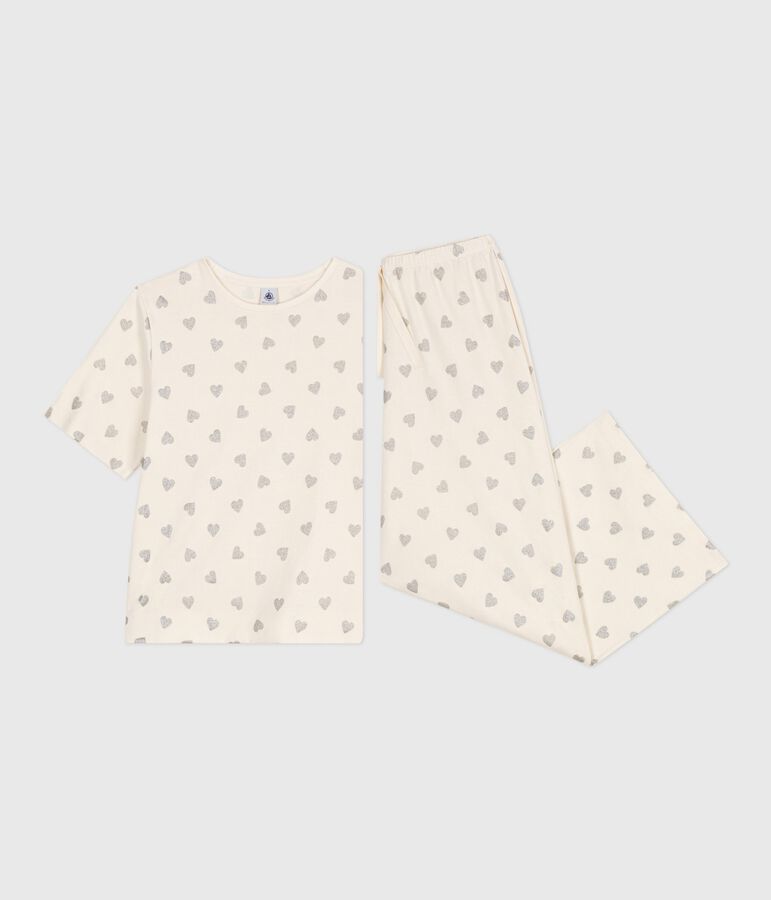 Pyjama femme en coton manches courtes jambes larges imprim&eacute; c&oelig;urs &eacute;cru/gris