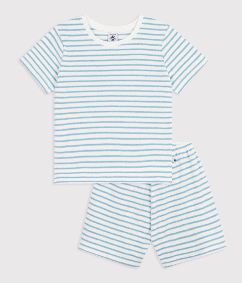 Pyjama short enfant en coton &eacute;ponge &agrave; rayures blanc/vert