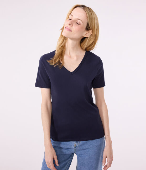 L'Iconique, T-shirt met korte mouw van effen ribstof voor dames blauw SMOKING