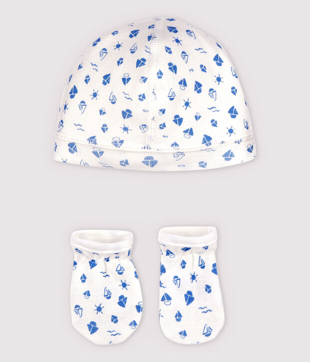 Lot bonnet naissance et moufles bateaux b&eacute;b&eacute; en coton biologique multicouleur