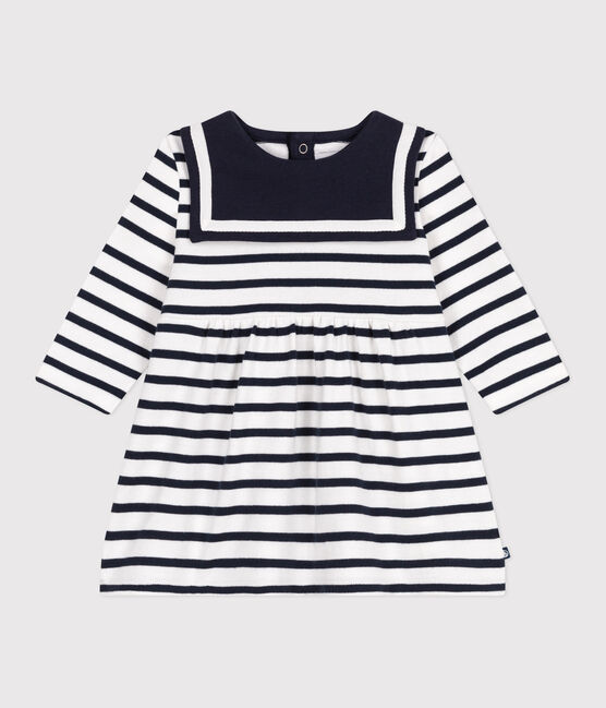 Robe marinière bébé en coton épais manches longues blanc MARSHMALLOW/bleu SMOKING