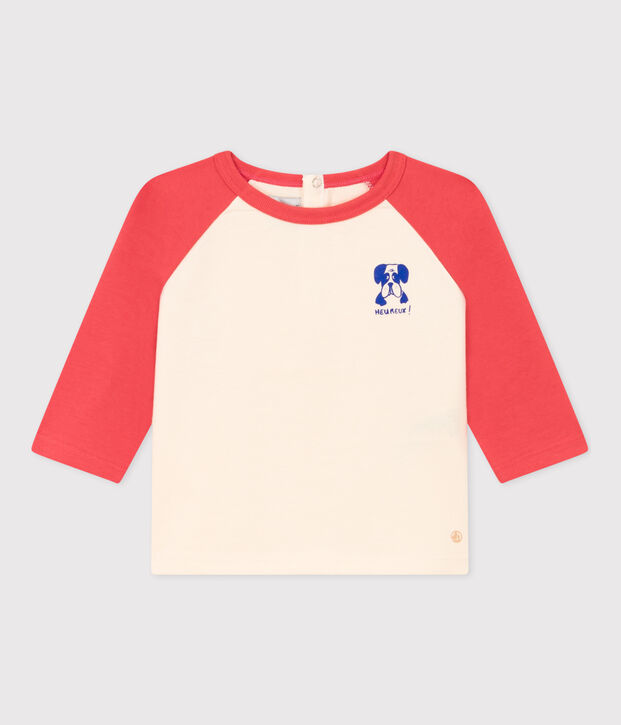T-shirt met lange mouwen in jersey voor baby's ecru/oranje