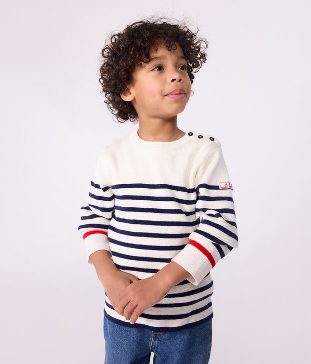 Pull enfant en laine et coton &agrave; rayures bleu/bleu