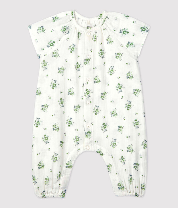 Combinaison longue imprim&eacute; fleuri en gaze de coton bio b&eacute;b&eacute; blanc/multicouleur