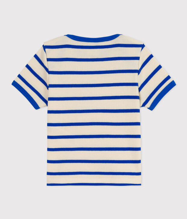 T-shirt met korte mouwen van gestreepte ribstof voor babymeisjes ecru/blauw