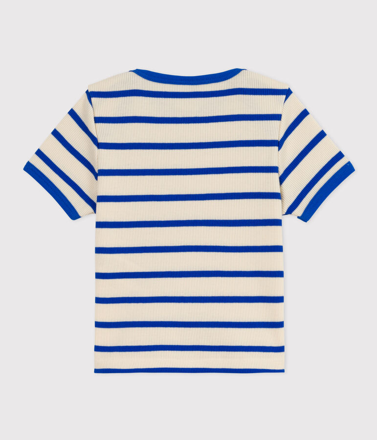 Tee-shirt manches courtes b&eacute;b&eacute; en maille c&ocirc;tel&eacute;e ray&eacute;e &eacute;cru/bleu