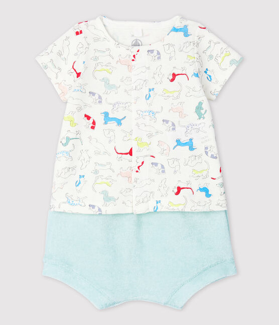 Ensemble 2 pièces chiots colorés bébé en bouclette éponge et en coton biologique blanc MARSHMALLOW/blanc MULTICO