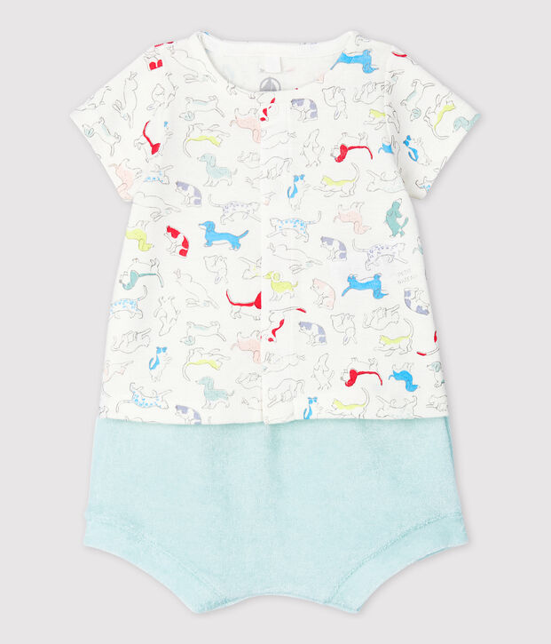 Ensemble 2 pi&egrave;ces chiots color&eacute;s b&eacute;b&eacute; en bouclette &eacute;ponge et en coton biologique blanc/multicouleur