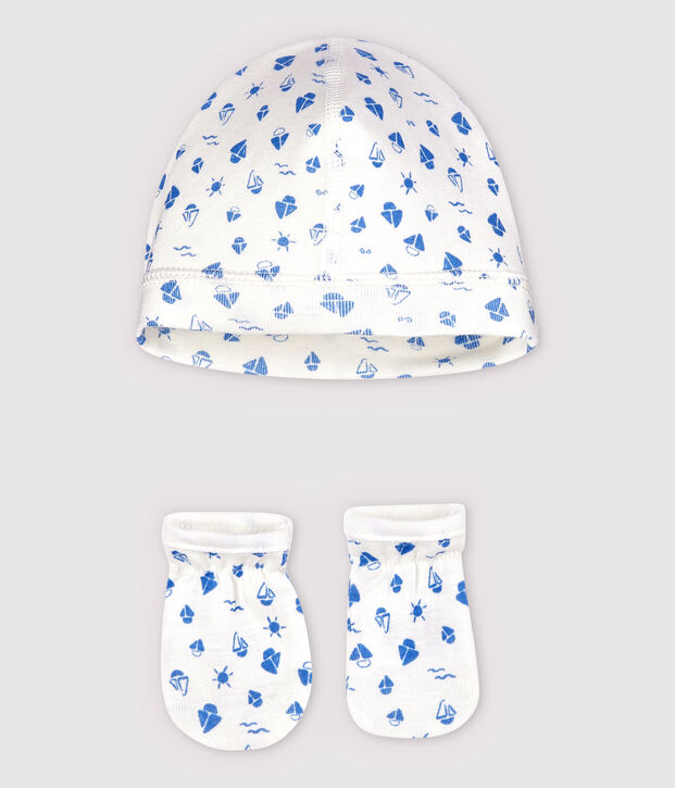 Lot bonnet naissance et moufles bateaux b&eacute;b&eacute; en coton biologique multicouleur