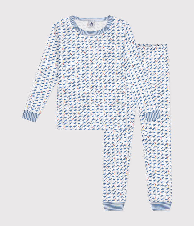Aansluitende katoenen kinderpyjama met raketjesmotief wit/multicouleur