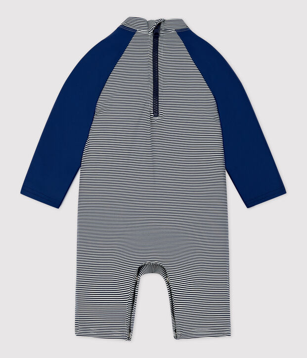 Combinaison anti-UV en mati&egrave;re recyl&eacute;e b&eacute;b&eacute; bleu/blanc