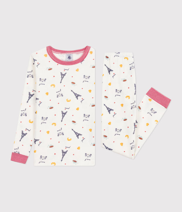 Kinderpyjama van bedrukt katoen, zeer getailleerd wit/multicouleur