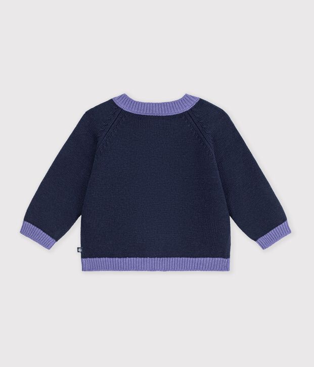 Babyvestje van gebreide wol en katoen met ingeweven hartjesmotief blauw/multicouleur