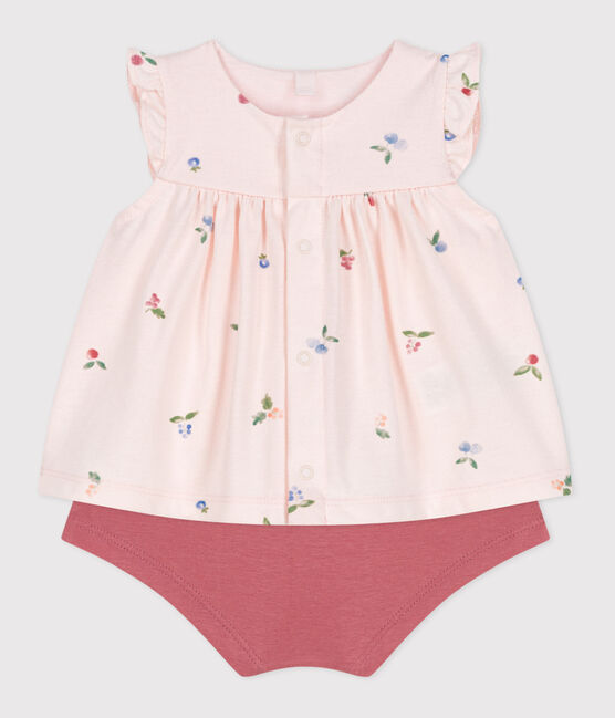 Tweedelig katoenen geboortesetje met bloesje met ruche roze FLEUR/wit MULTICO