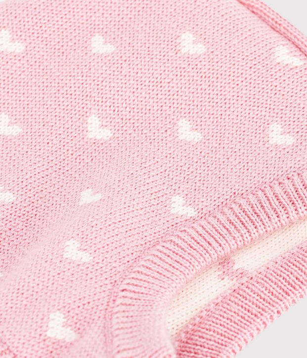 Cagoule b&eacute;b&eacute; en laine et coton imprim&eacute;e c&oelig;urs rose/blanc