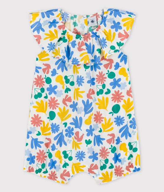 Korte bedrukte tuinbroek in popeline met bloemenprint voor baby's wit MARSHMALLOW/wit MULTICO