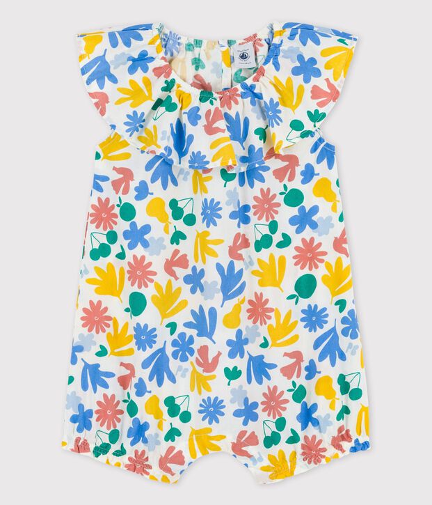 Combinaison courte imprim&eacute;e fleuri en popeline b&eacute;b&eacute; blanc/multicouleur