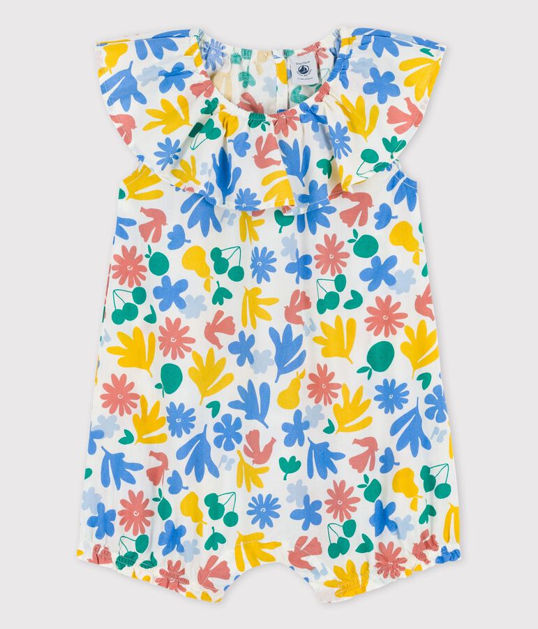 Korte bedrukte tuinbroek in popeline met bloemenprint voor baby's wit/multicouleur