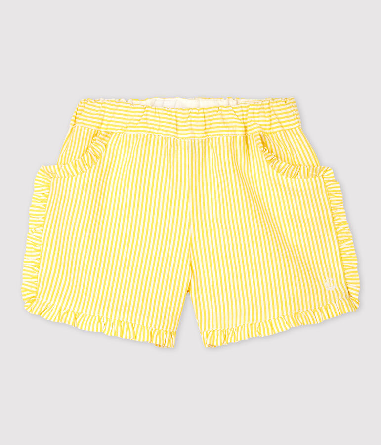 Short ray&eacute; en seersucker b&eacute;b&eacute; fille jaune/blanc