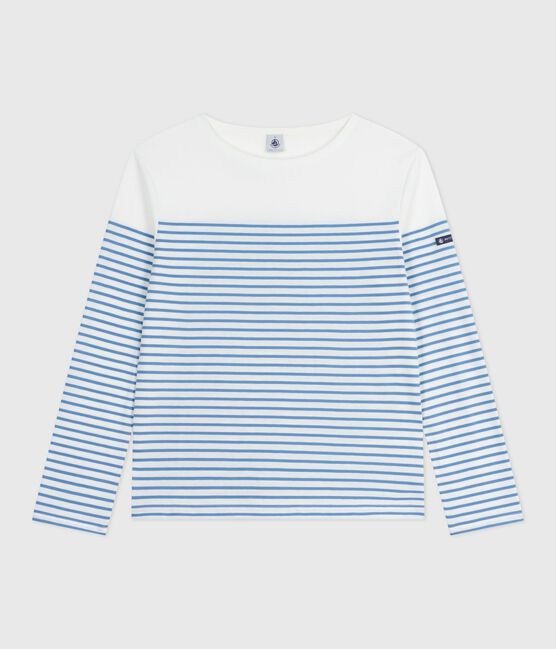 Katoenen T-shirt met lange mouwen en matrozenstreepjes voor dames wit MARSHMALLOW/blauw ALASKA