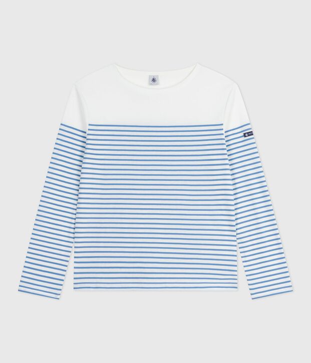 Tee-shirt marini&egrave;re femme en coton manches longues blanc/bleu