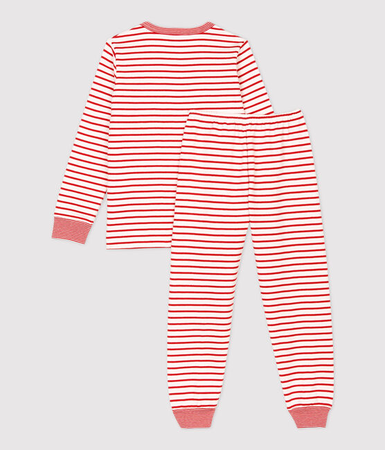 Rode meisjes/jongens molton pyjama met marinière-strepen wit MARSHMALLOW/rood TERKUIT