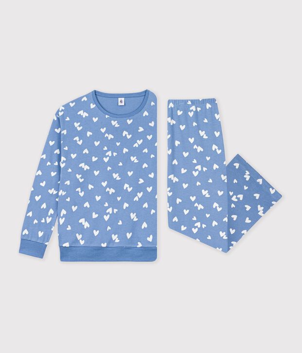 Pyjama femme en coton imprim&eacute; c&oelig;urs bleu/blanc