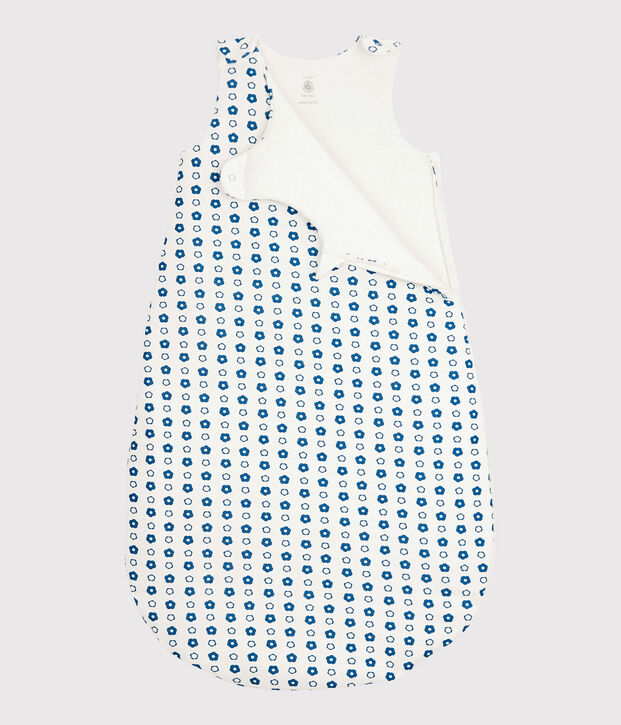 Trappelzak met blauw retrobloemmotief van biologisch katoen wit/blauw