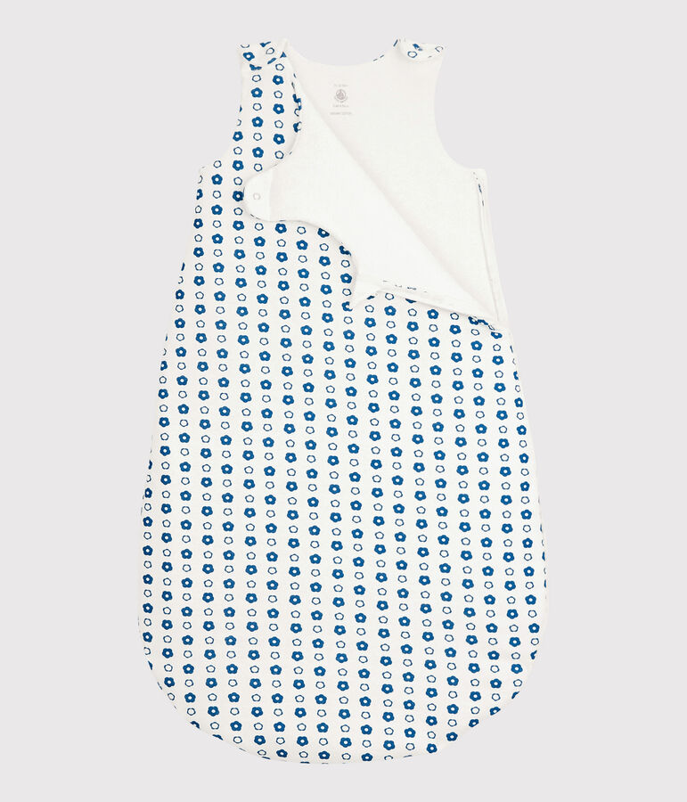 Trappelzak met blauw retrobloemmotief van biologisch katoen wit/blauw