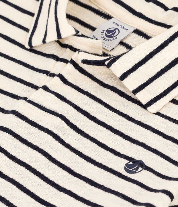 Polo manches courtes en coton enfant gar&ccedil;on &eacute;cru/bleu